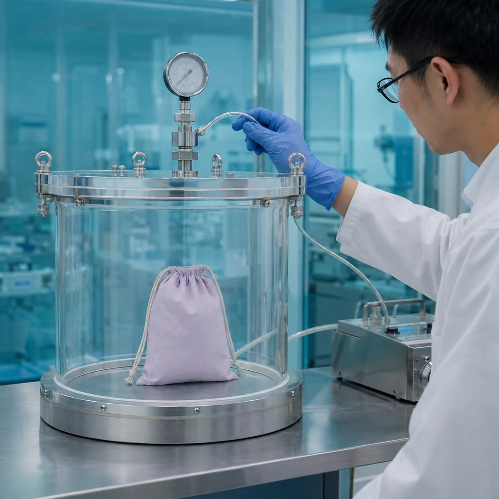 Lavender cotton drawstring pouch undergoing laboratory emissions testing