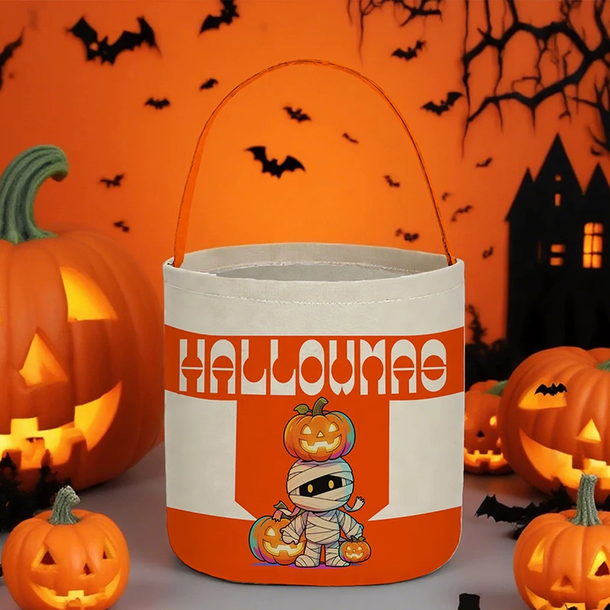 Cylindrical Canvas Halloween Treat Bags with Handles