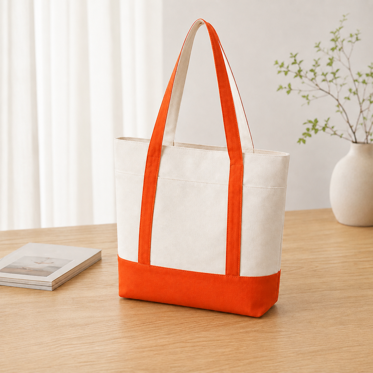 Custom Color-Block Canvas Tote Bag with Pocket | Bulk Logo Bags