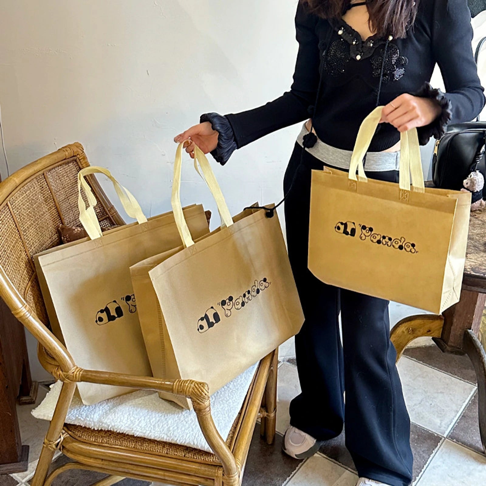 Panda Print Non-Woven Tote Bags — 4 Styles — Khaki — Panda Print