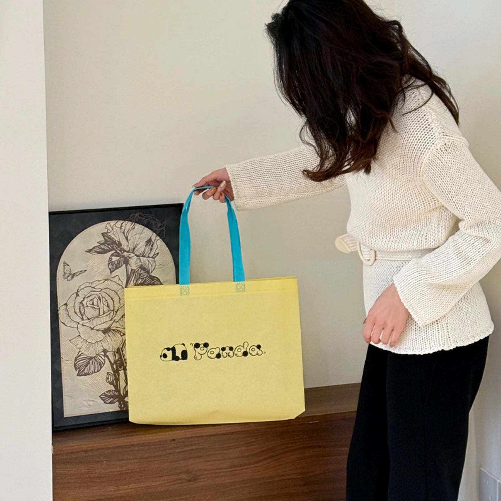 Panda Print Non-Woven Tote Bags — 4 Styles — Lemon Yellow — Panda Print