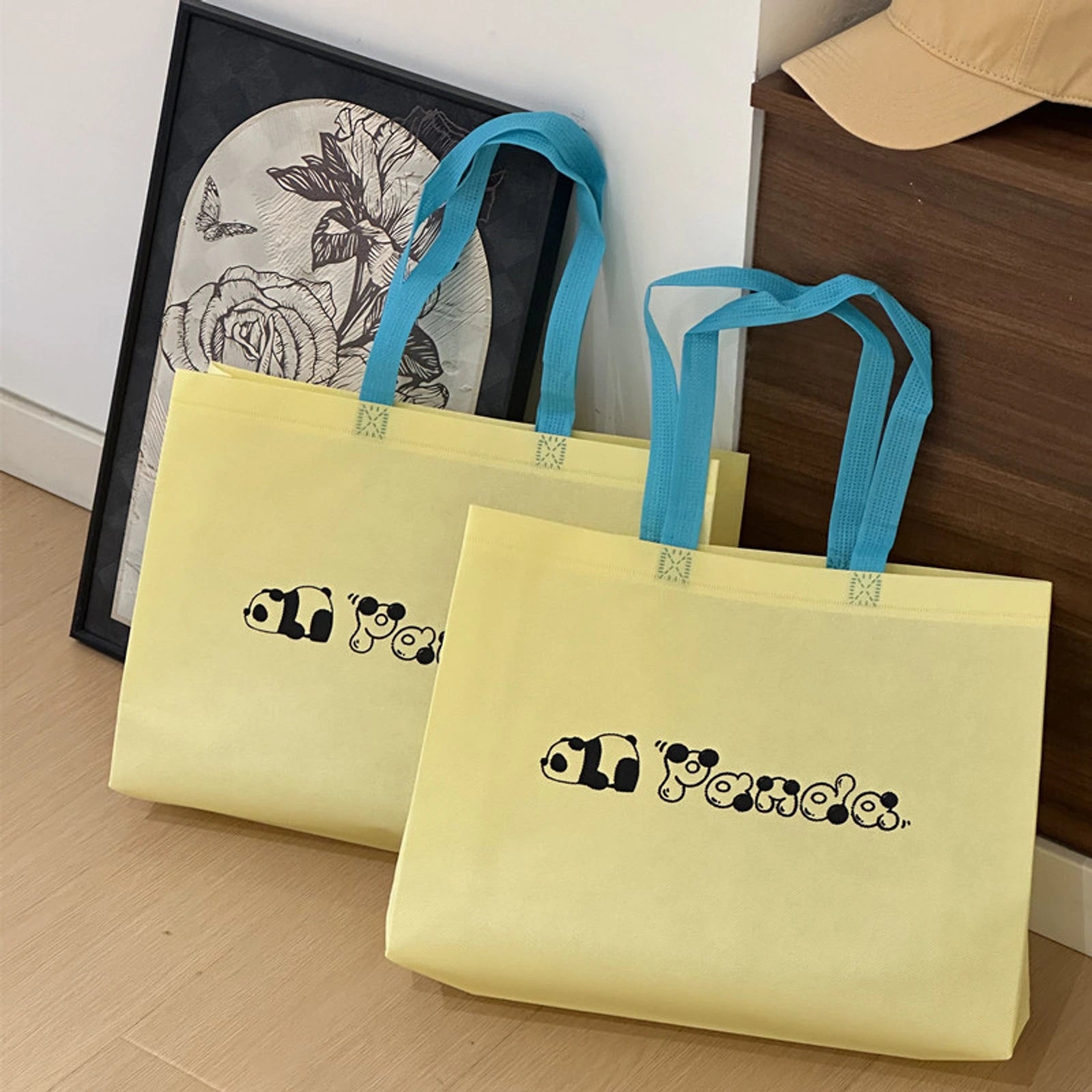 Panda Print Non-Woven Tote Bags — 4 Styles — Lemon Yellow — Panda Print