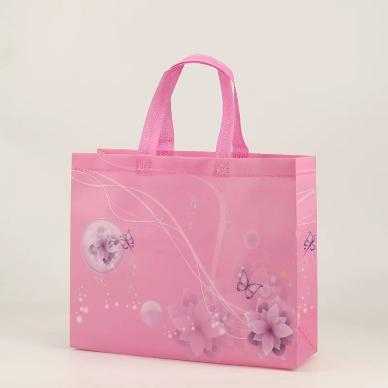 Pink floral butterfly non-woven tote bag