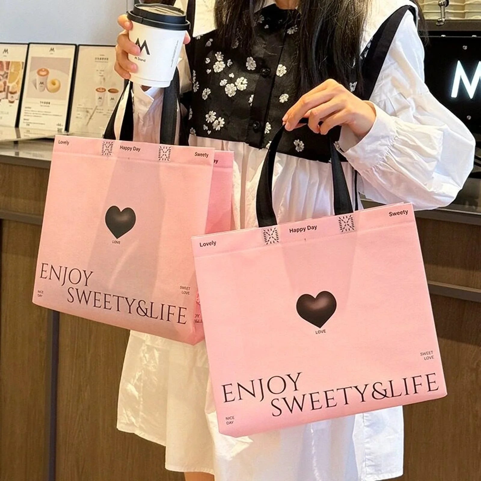 Pink Heart Non-Woven Tote Bags product view 1