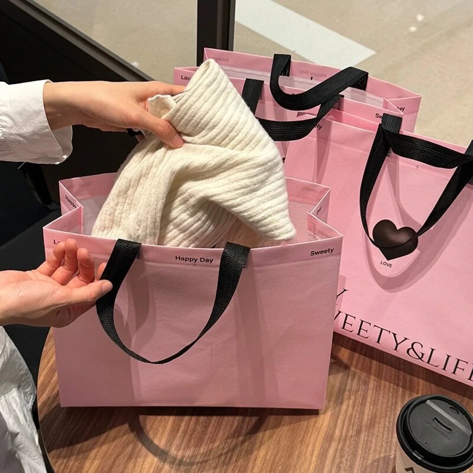 Pink Heart Non-Woven Tote Bags product view 4