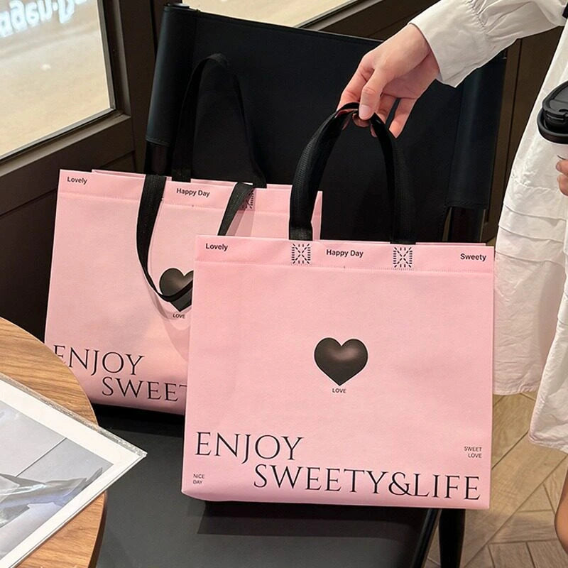 Pink Heart Print pink heart non-woven tote bags