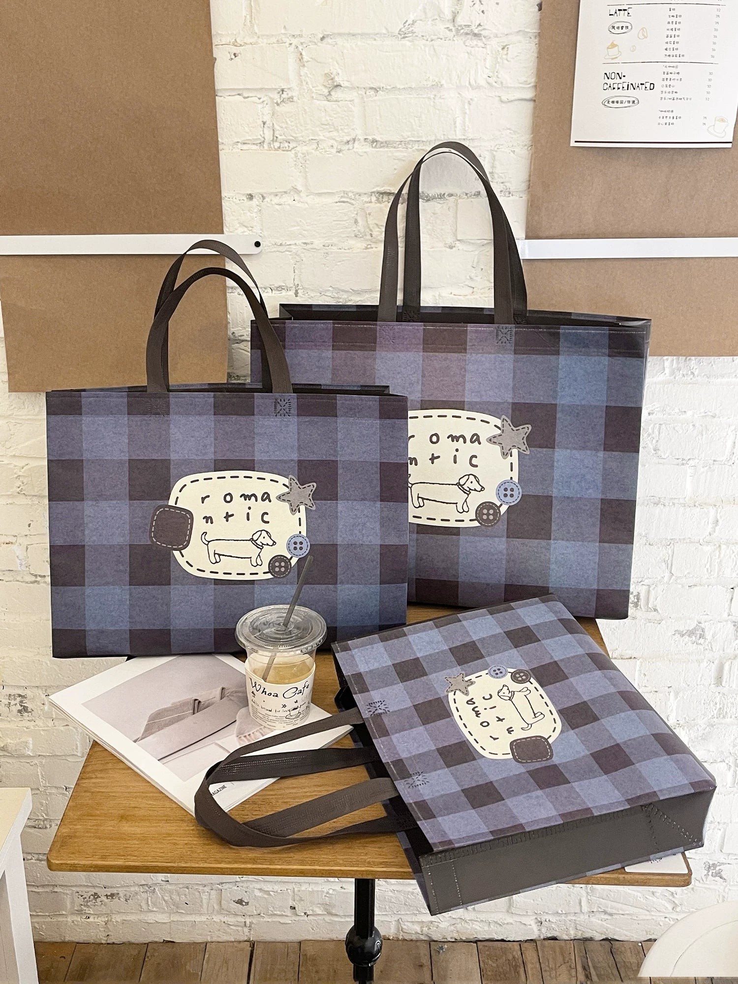 Blue and brown plaid dog-print non-woven tote bag size comparison