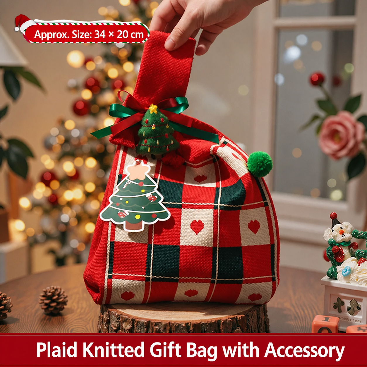Plaid knitted Christmas gift bag with matching ornament accessory
