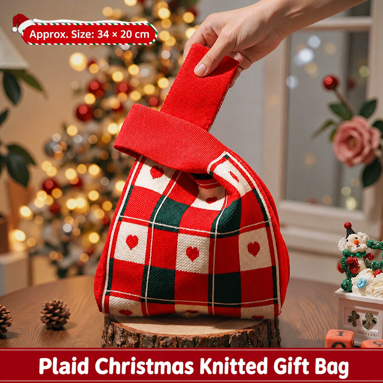 Plaid knitted Christmas gift bag with loop handle