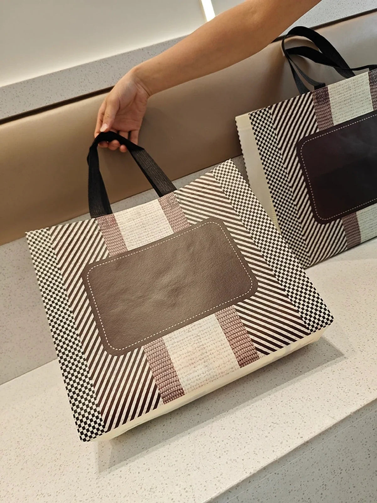 Plaid Laminated Non-Woven Tote Bags product view 1