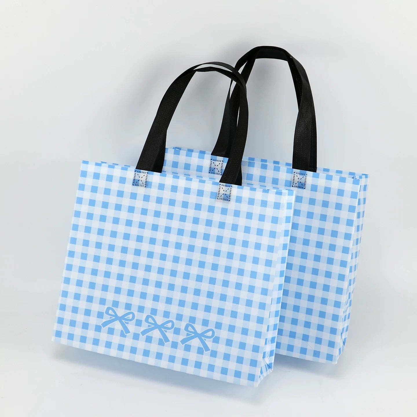 Blue yellow and red plaid non-woven tote bags