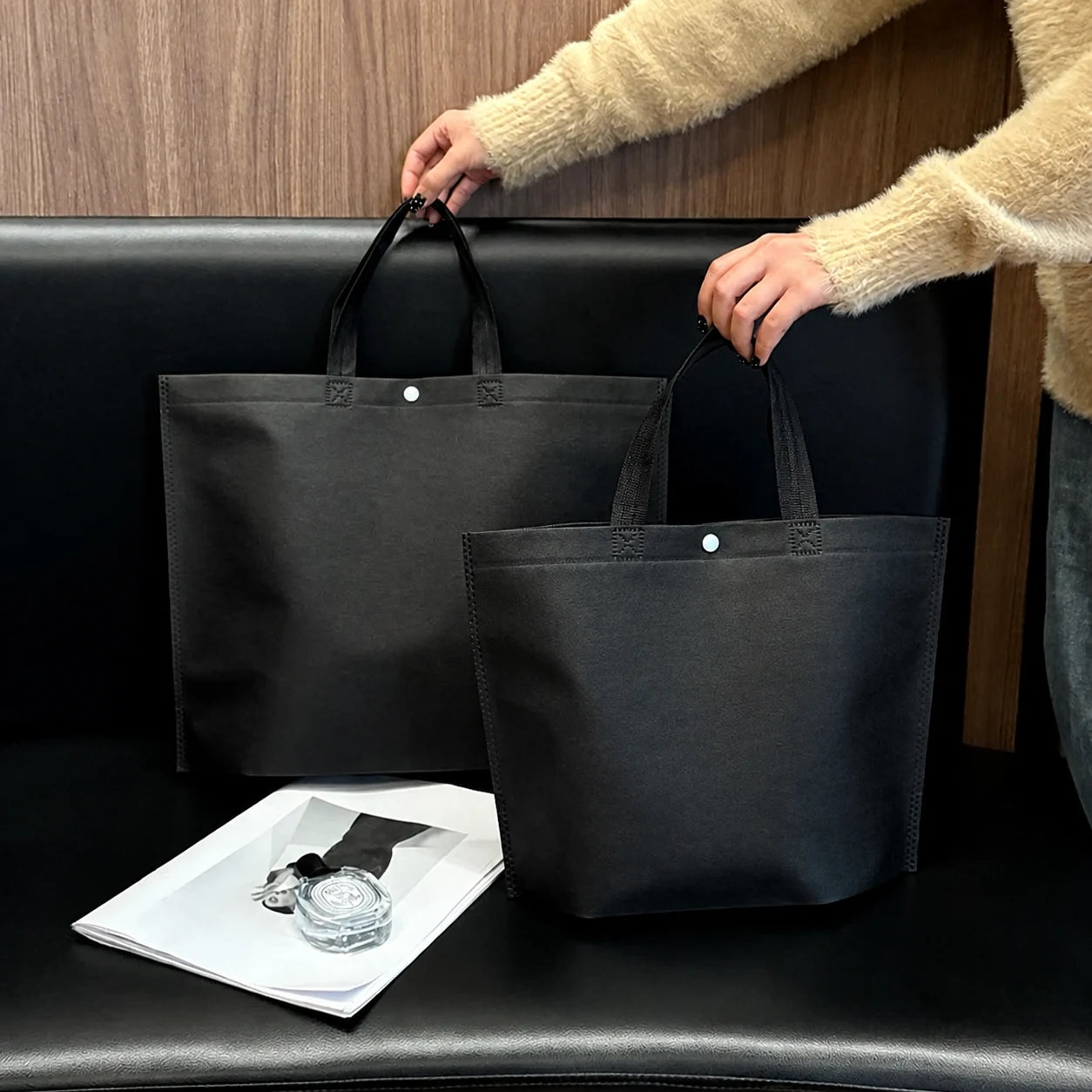 Plain black extra-thick non-woven tote bag