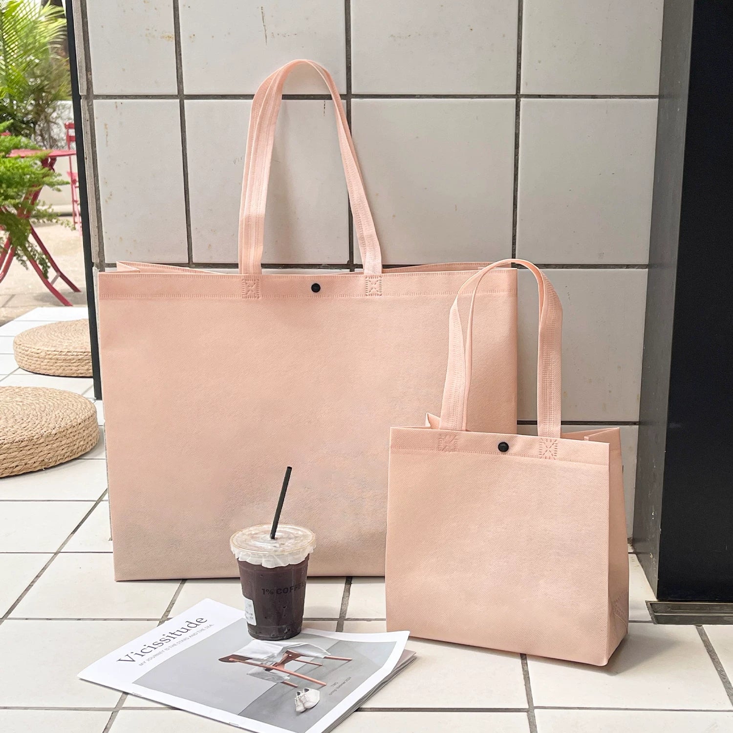 Plain light pink non-woven tote bag