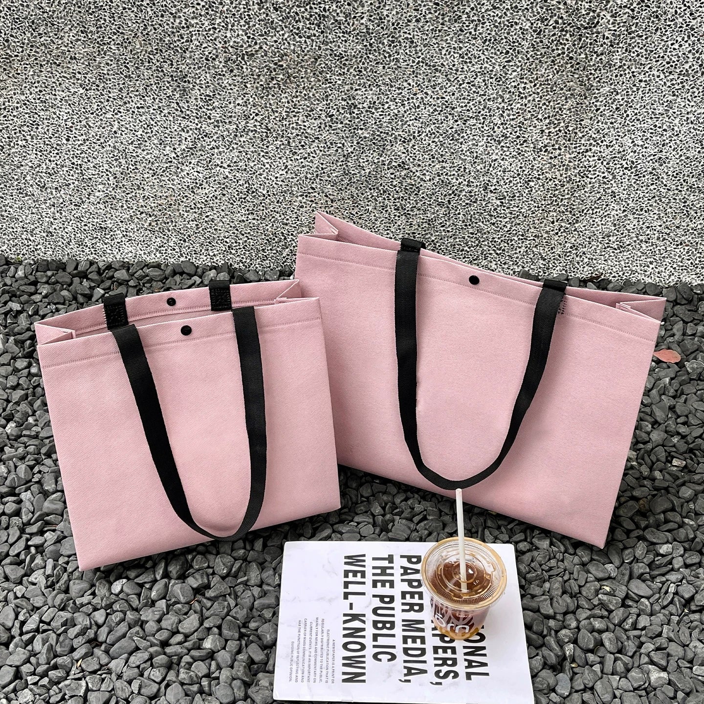 Plain light purple non-woven tote bag with woven handles