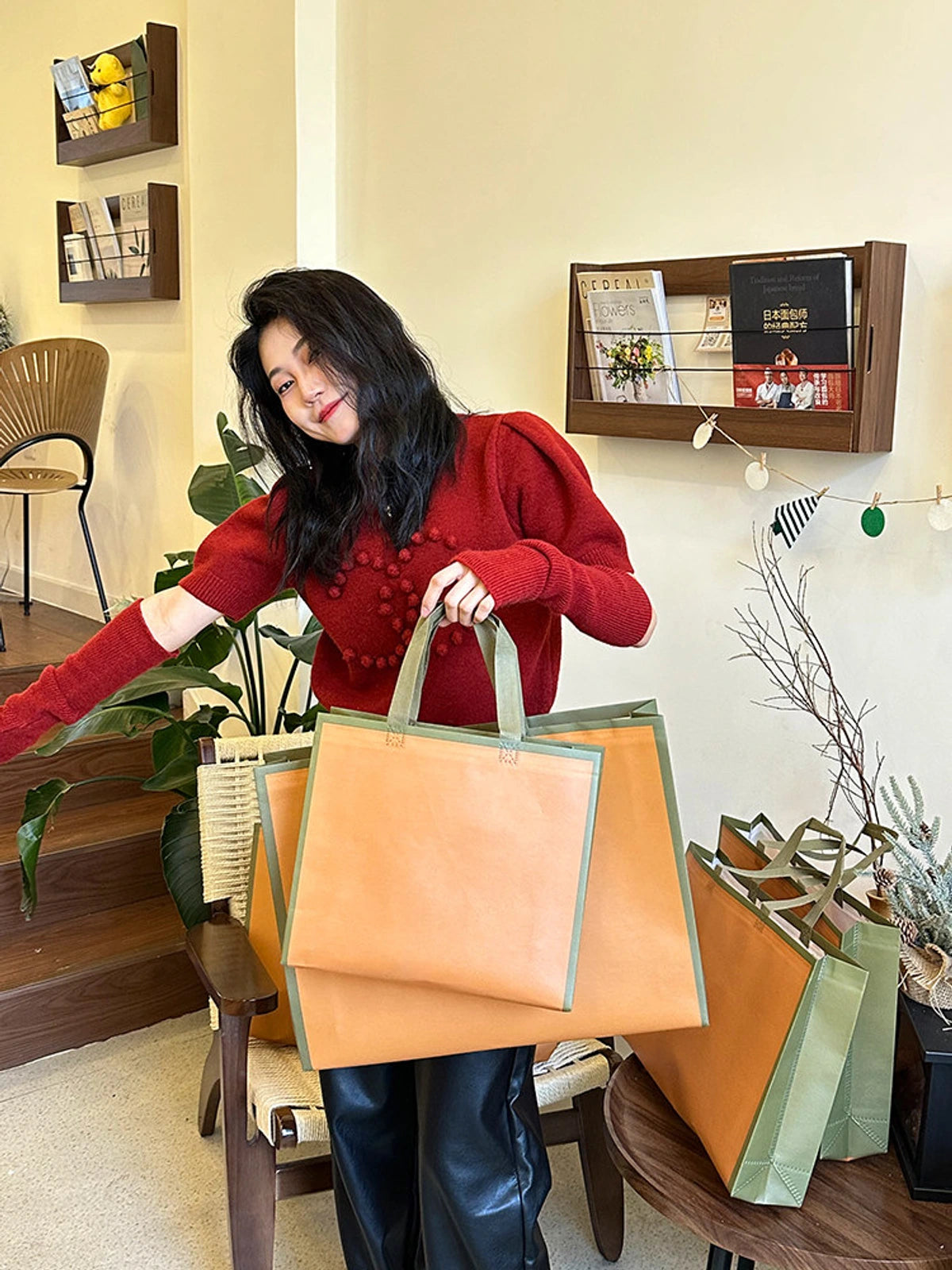 Plain Non-Woven Tote Bags — Caramel & Green product view 2