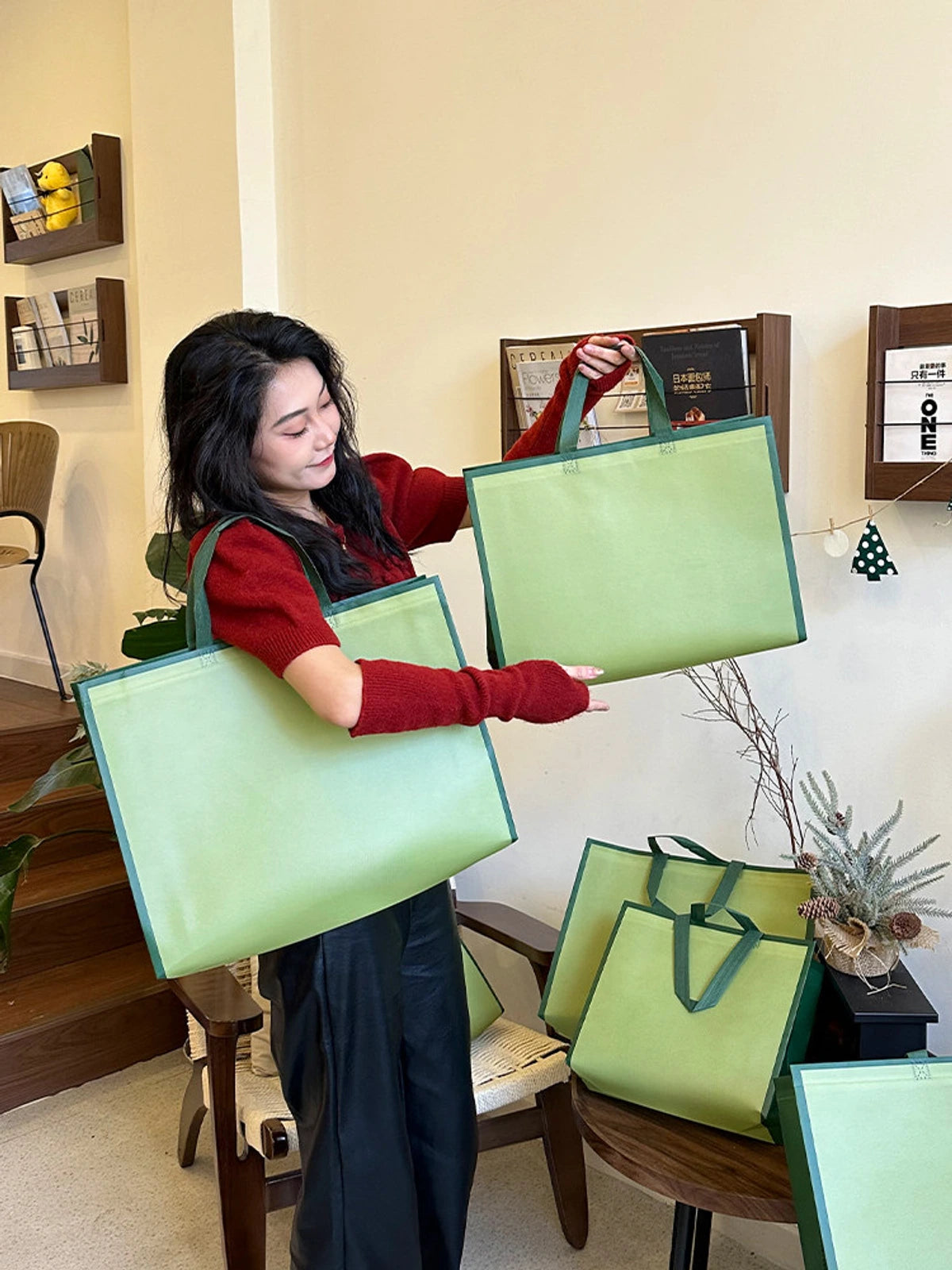 Plain Non-Woven Tote Bags — Caramel & Green product view 3