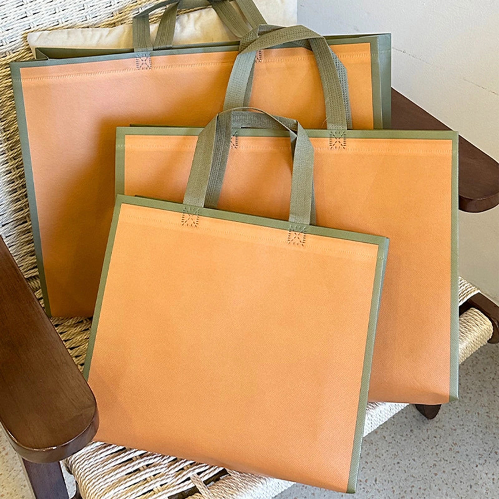 Plain Non-Woven Tote Bags — Caramel & Green — Caramel Plain