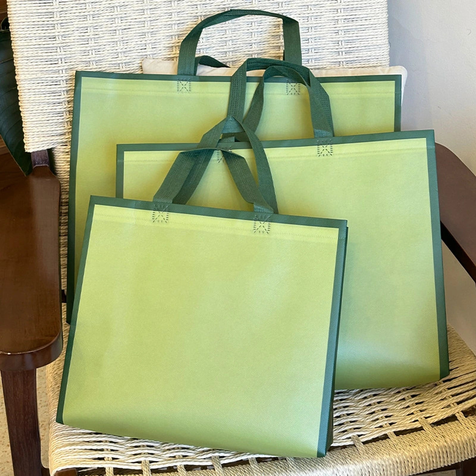Plain Non-Woven Tote Bags — Caramel & Green — Green Plain