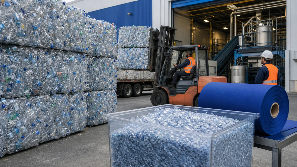 Large PET bottle bales flakes and blue RPET fabric at an industrial recycling facility