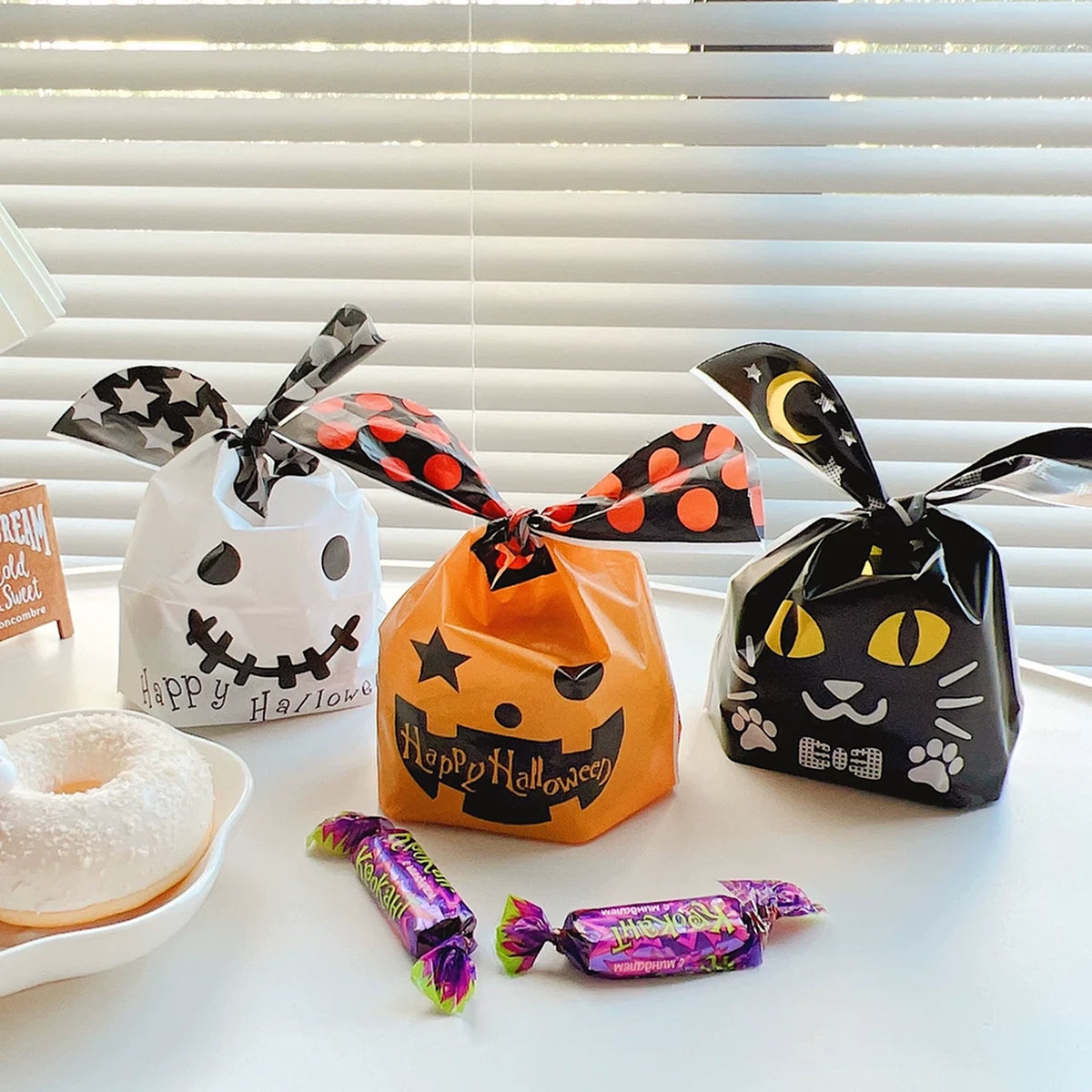 Plastic Halloween treat bags with tie handles