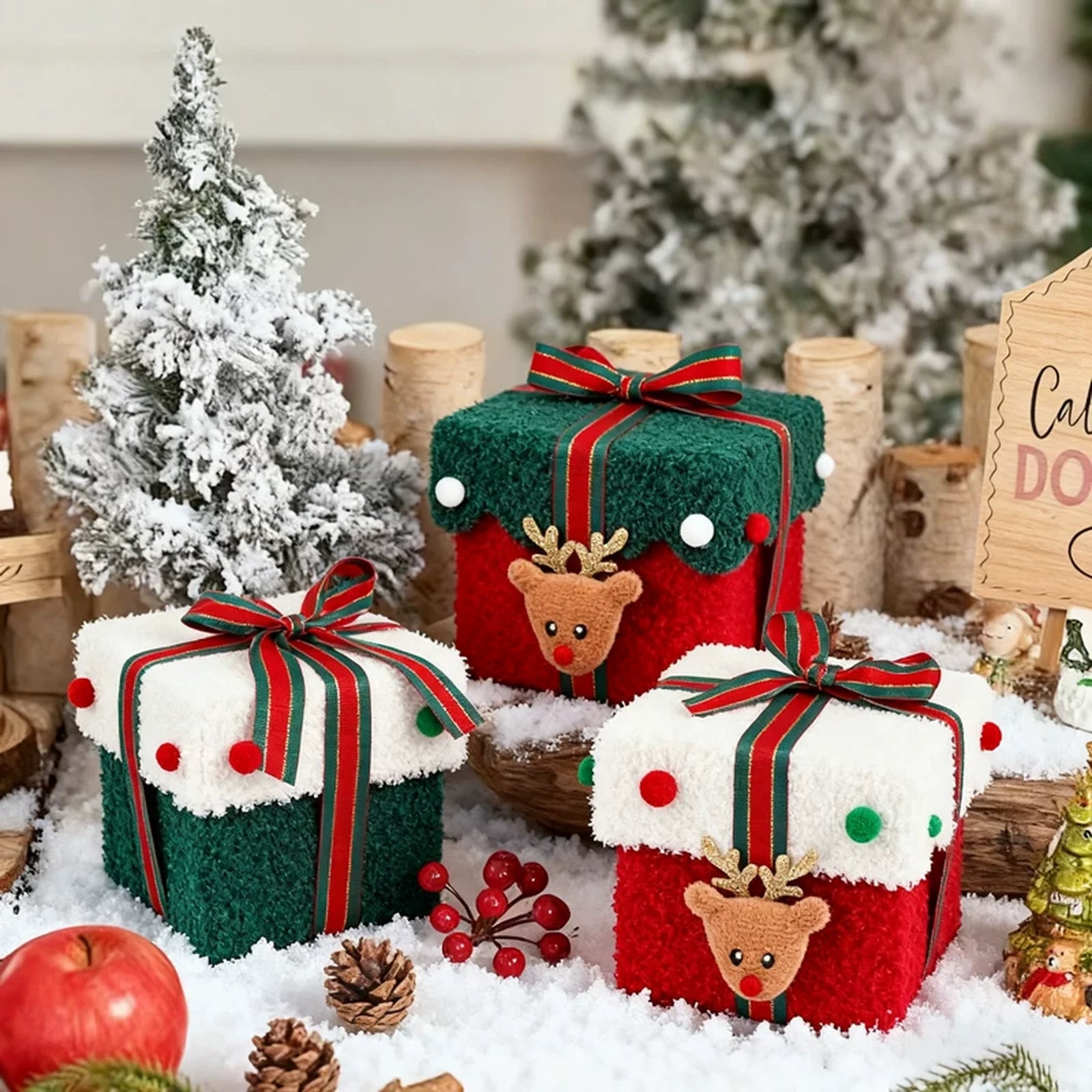 Plush Christmas Gift Boxes with Ribbon – product view