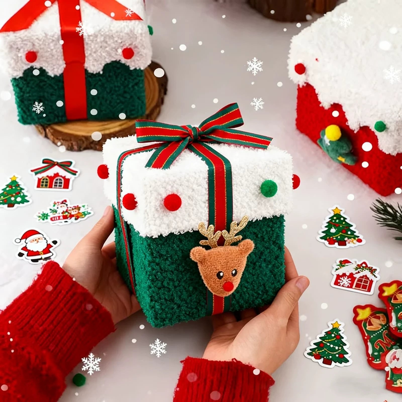 Plush Christmas Gift Boxes with Ribbon – product view