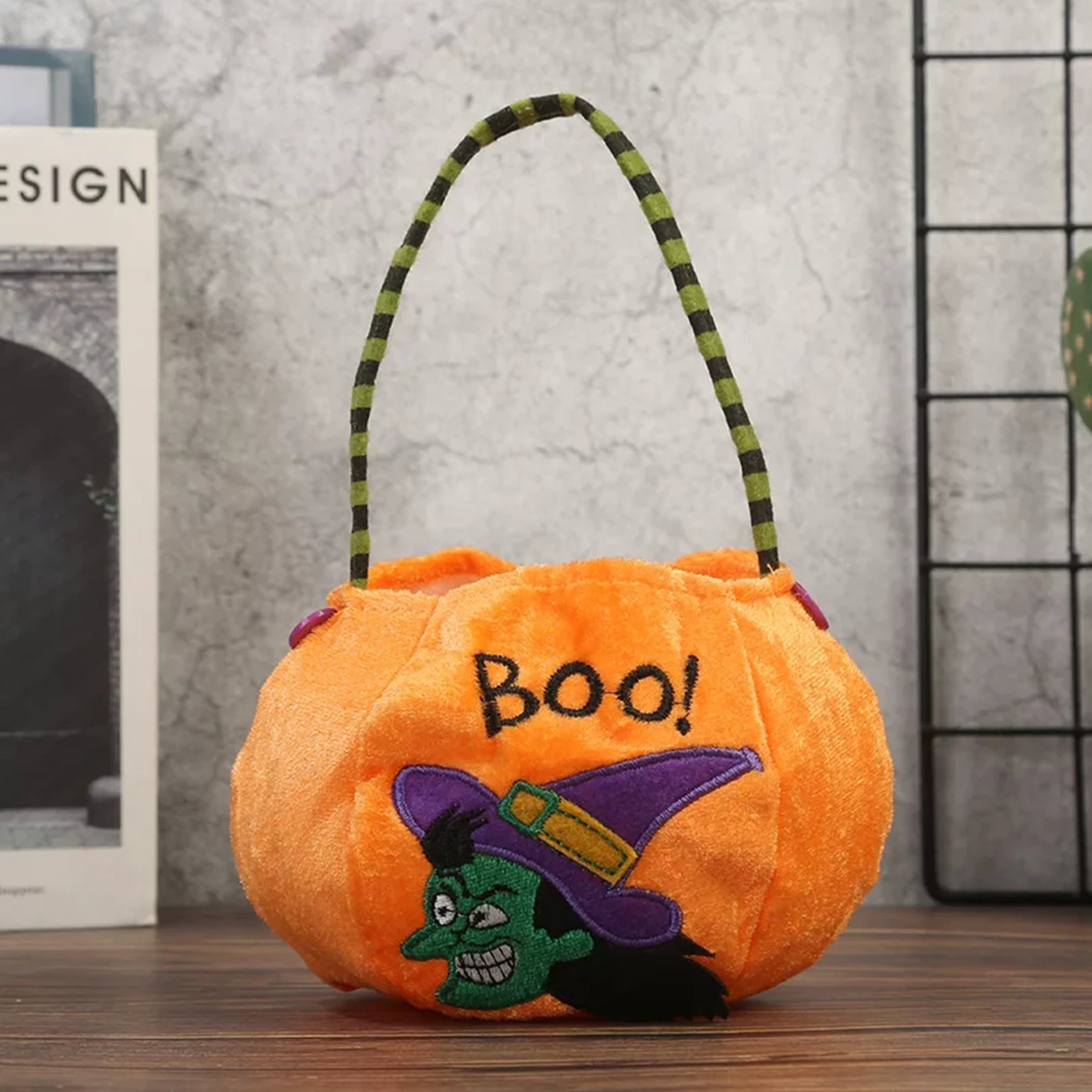 Orange plush Halloween bucket bag with witch design