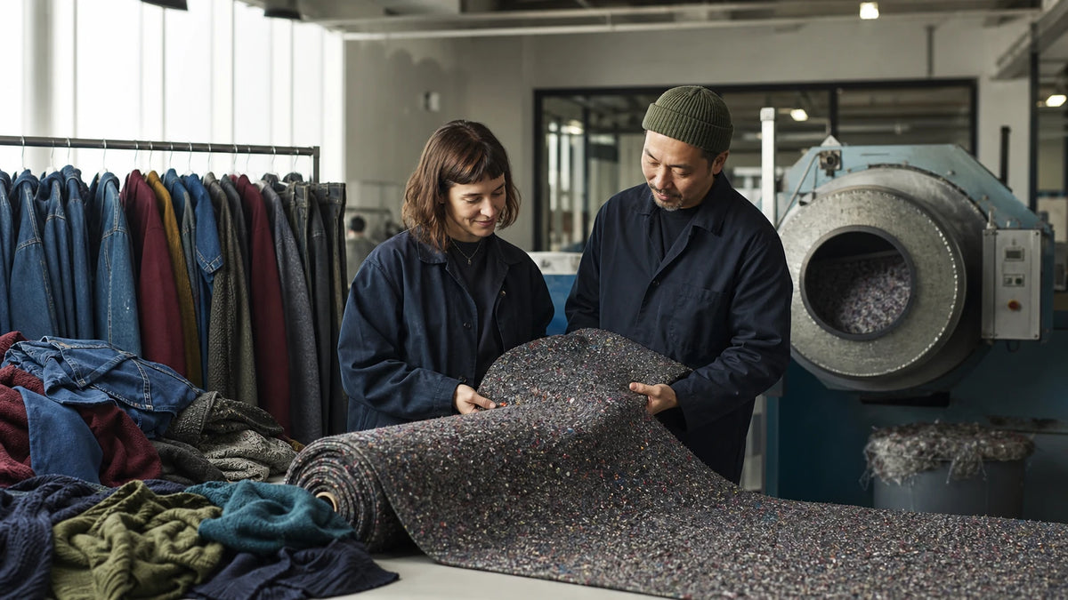 Designer and technician inspecting speckled fabric made from recovered garments