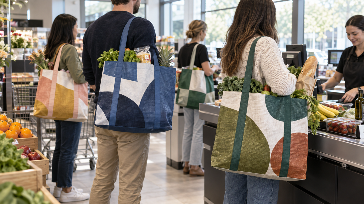 Reusable PP woven grocery bags carried by supermarket shoppers