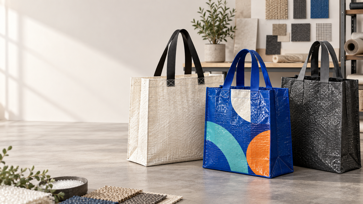 Custom PP woven tote bag styles with woven texture, reinforced handles and laminated graphics