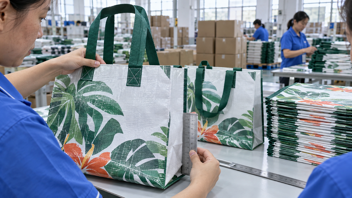 PP woven bag handle, dimensions and print quality inspection in factory