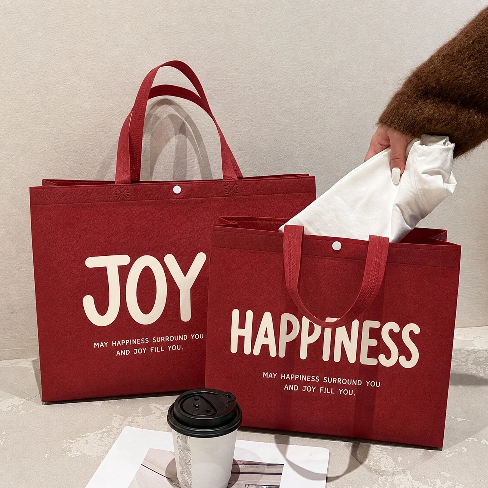 Ancora Red Joy Print premium printed non-woven tote bags — 9 styles