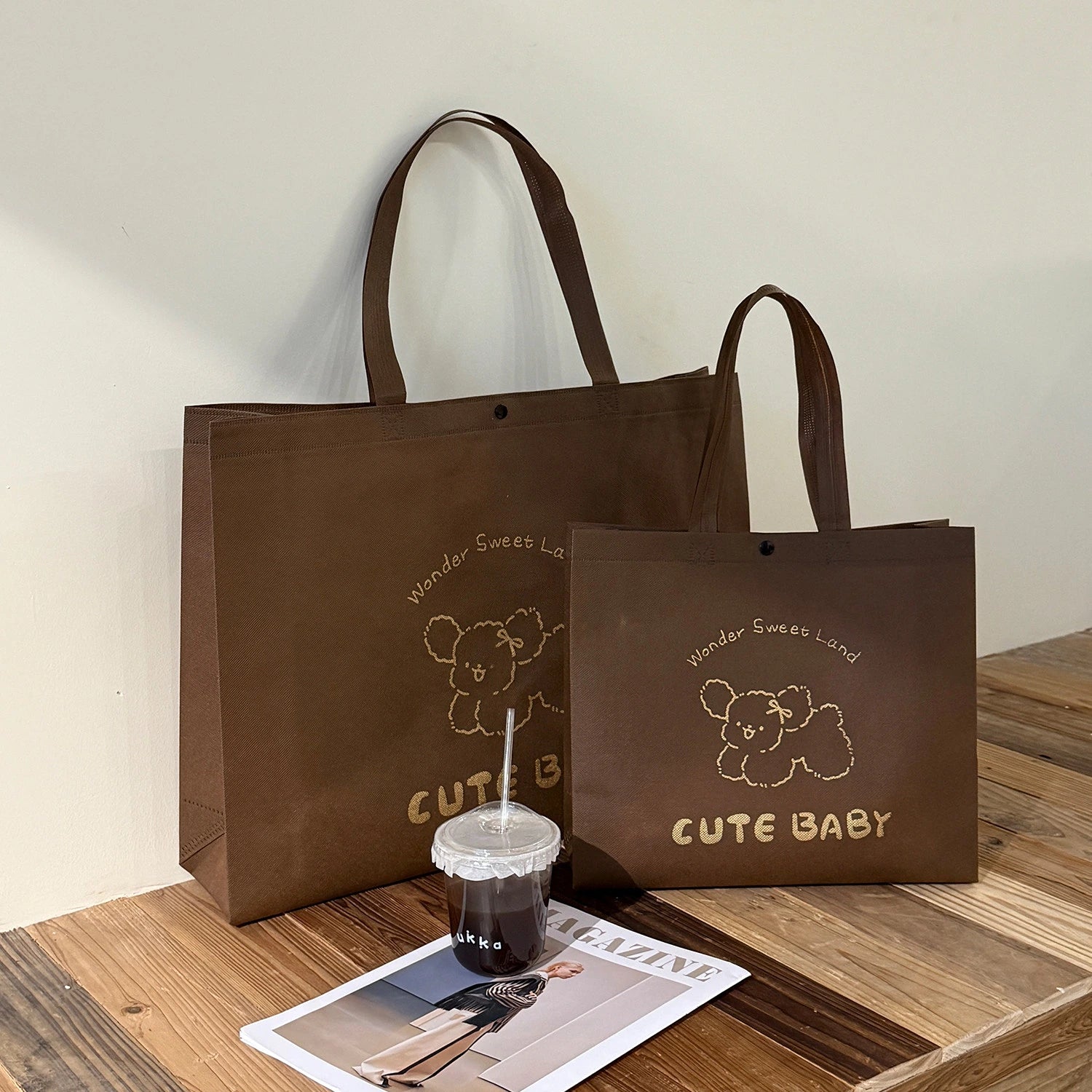 Brown Cute Puppy Print premium printed non-woven tote bags — 9 styles