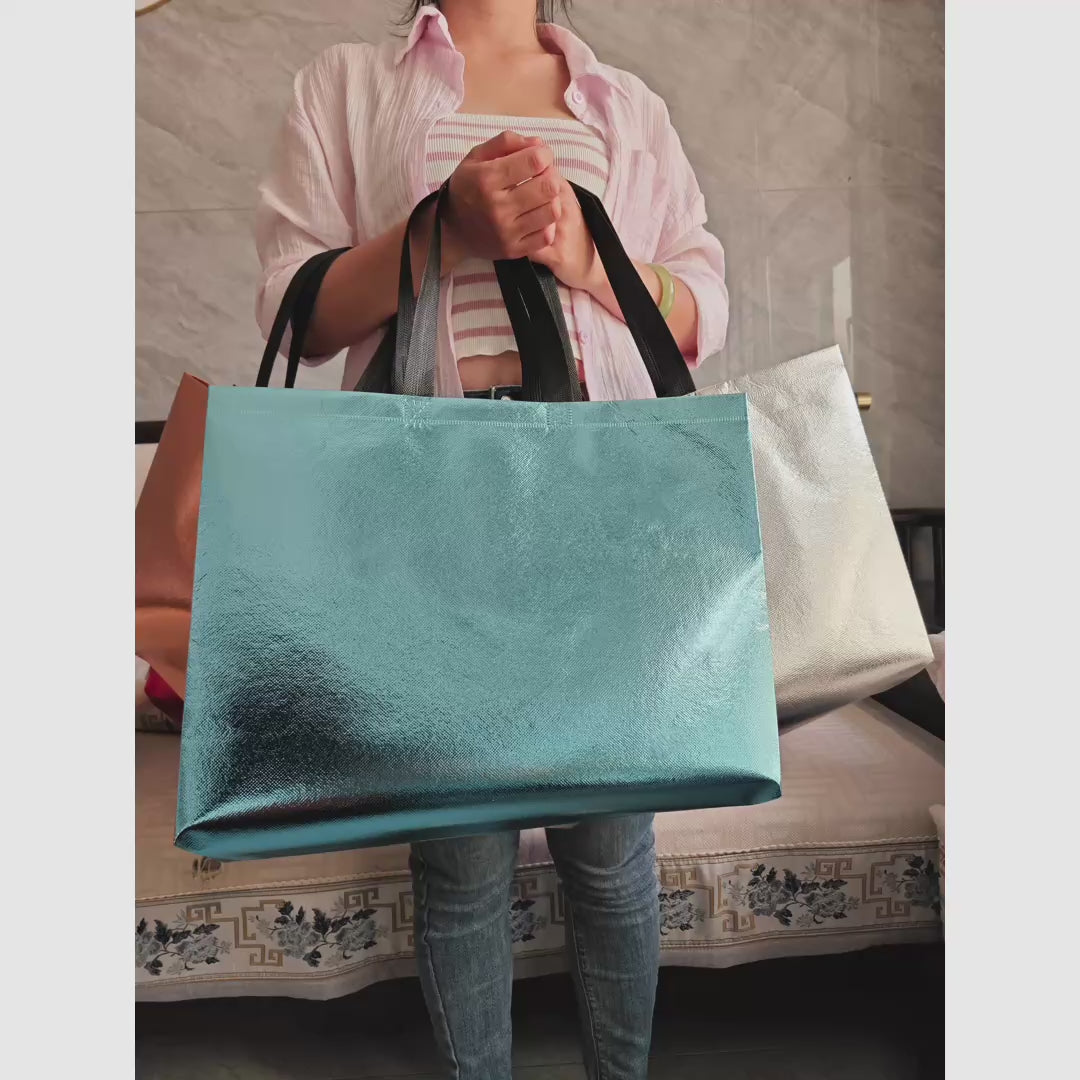 Metallic Mirror Laminated Non-Woven Tote Bags — 6 Colors product video 1