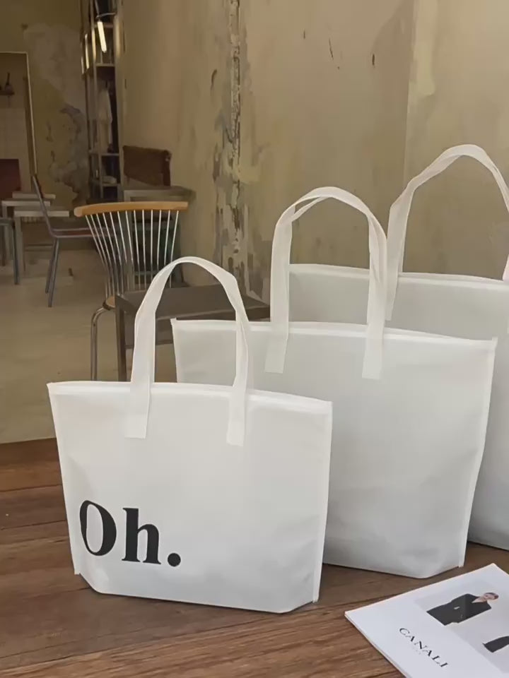 White zippered non-woven tote bags shown in three sizes