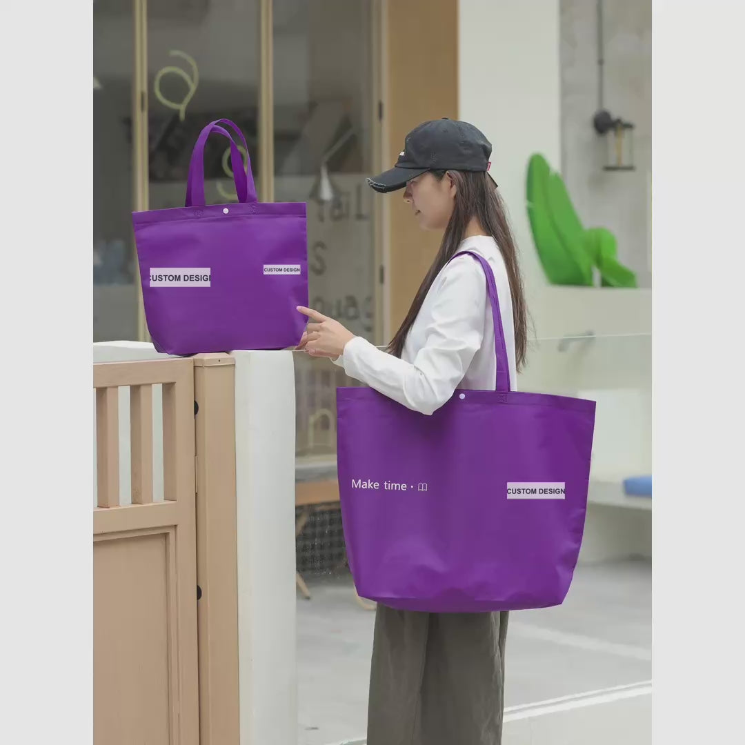 Snap-Closure Purple Non-Woven Tote Bags — 2 Styles product video 1