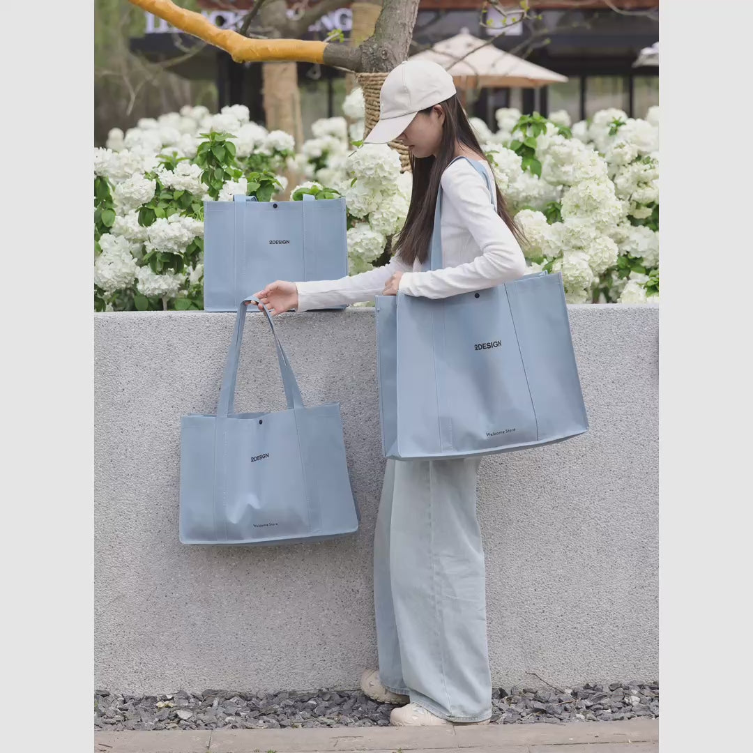 Stitched Haze-Blue Non-Woven Tote Bags — 6 Styles product video 1