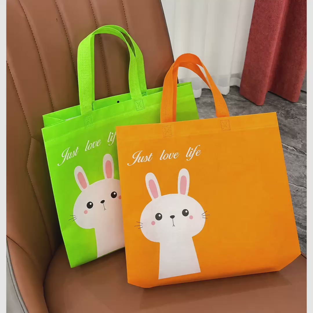 Kids Rabbit Laminated Non-Woven Tote Bags — 4 Colors product video 1