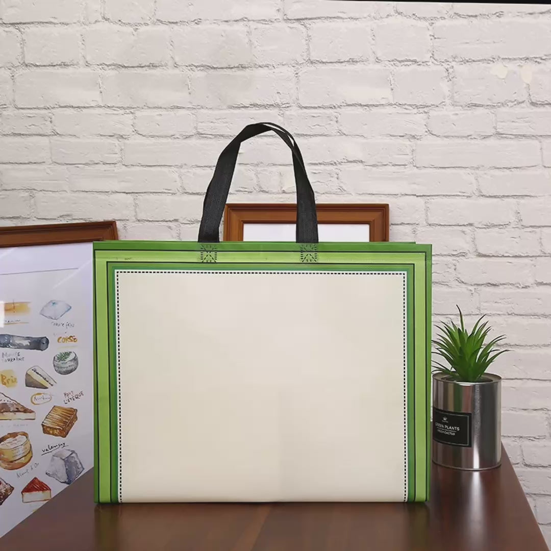 Green & Orange Laminated Non-Woven Tote Bags — 4 Designs product video 1