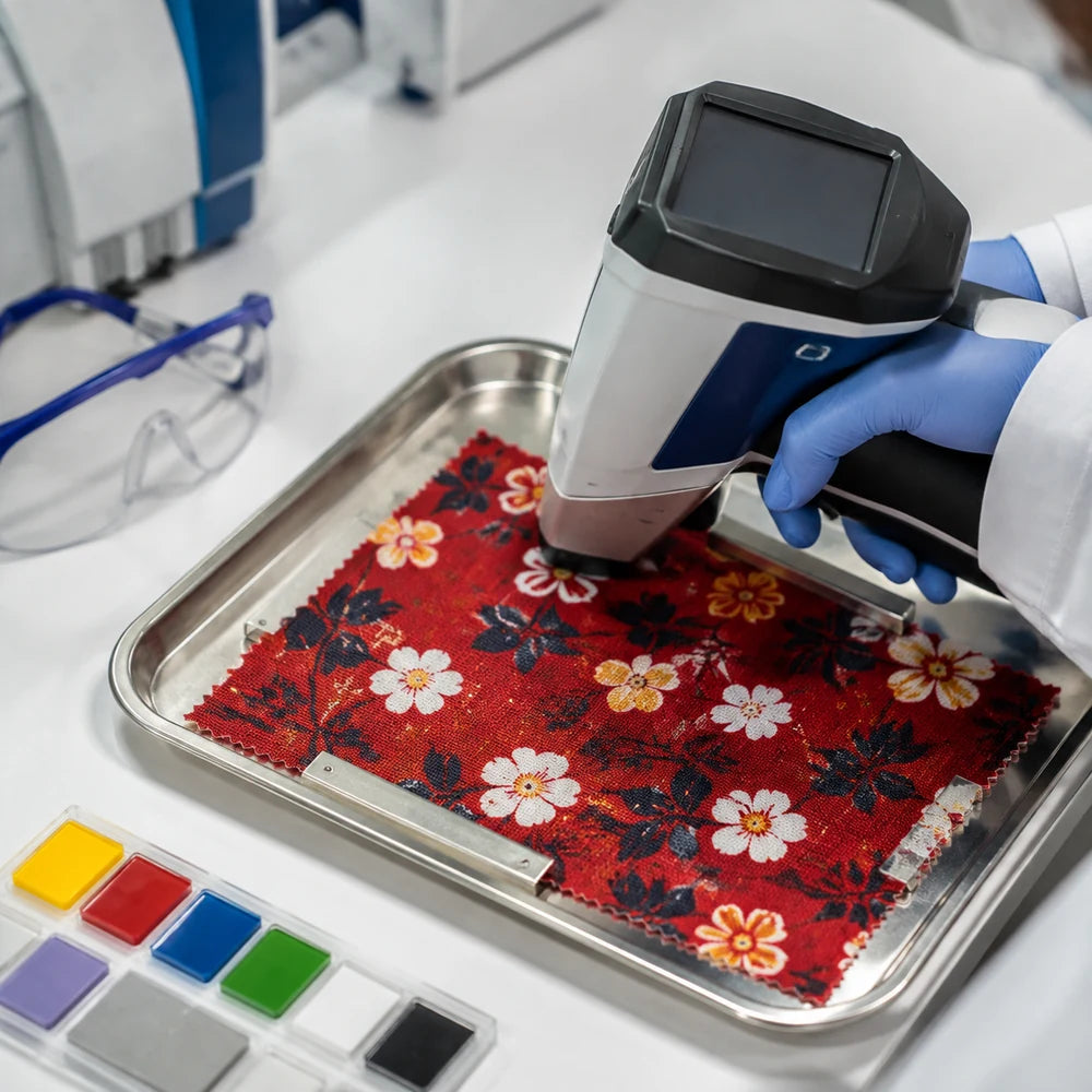 Printed red fabric sample screened with a handheld laboratory analyzer