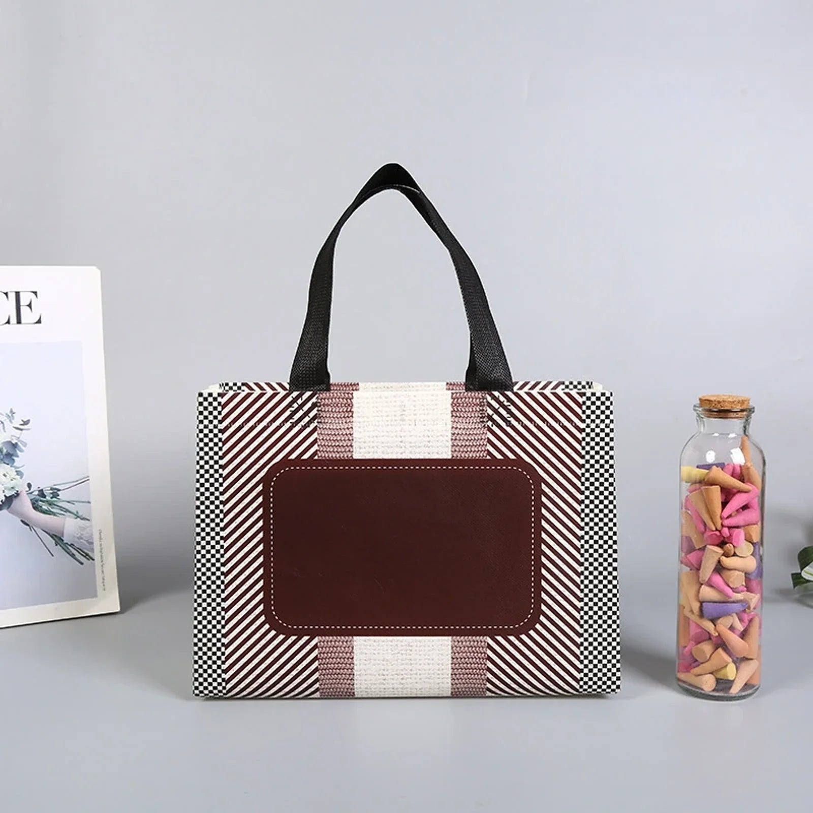 Brown Horizontal Plaid printed laminated non-woven tote bags — 20 designs
