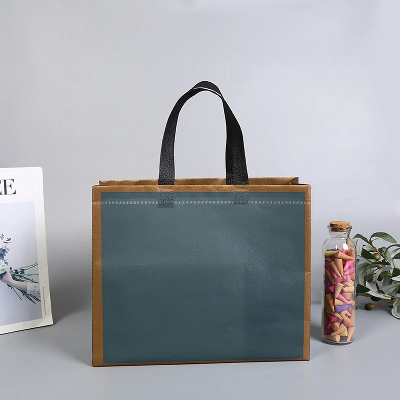 Dark Green Gold-Frame Print printed laminated non-woven tote bags — 20 designs