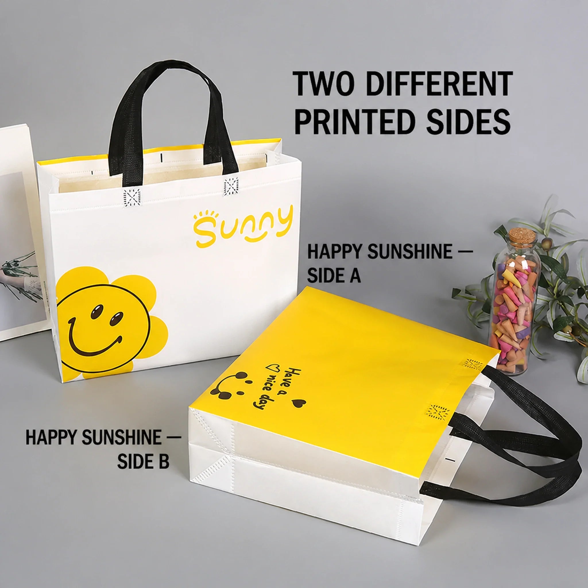 Happy Sunshine Print printed laminated non-woven tote bags — 20 designs