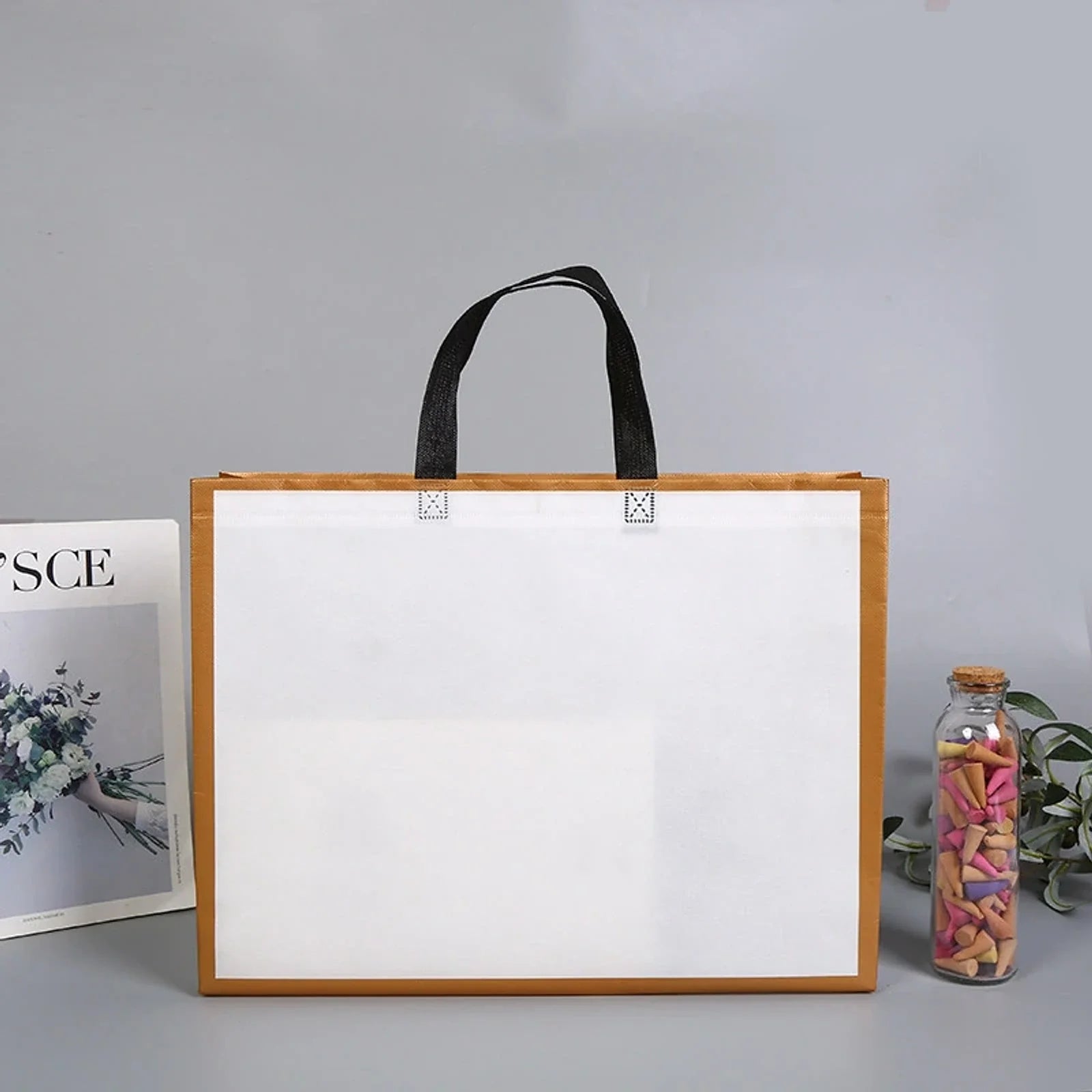 White Gold-Frame Print printed laminated non-woven tote bags — 20 designs