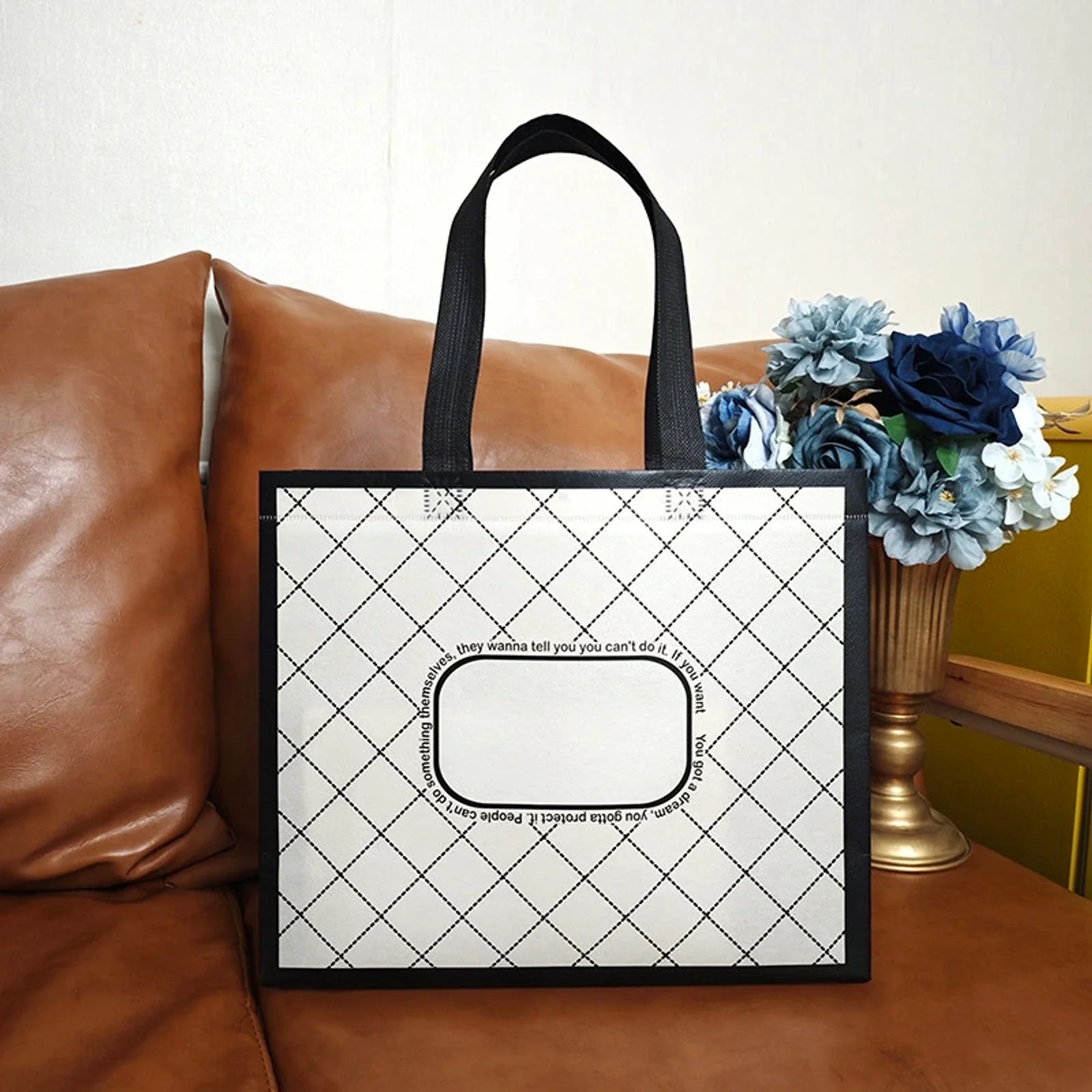 Cream Plaid printed laminated non-woven tote bags — 30 designs