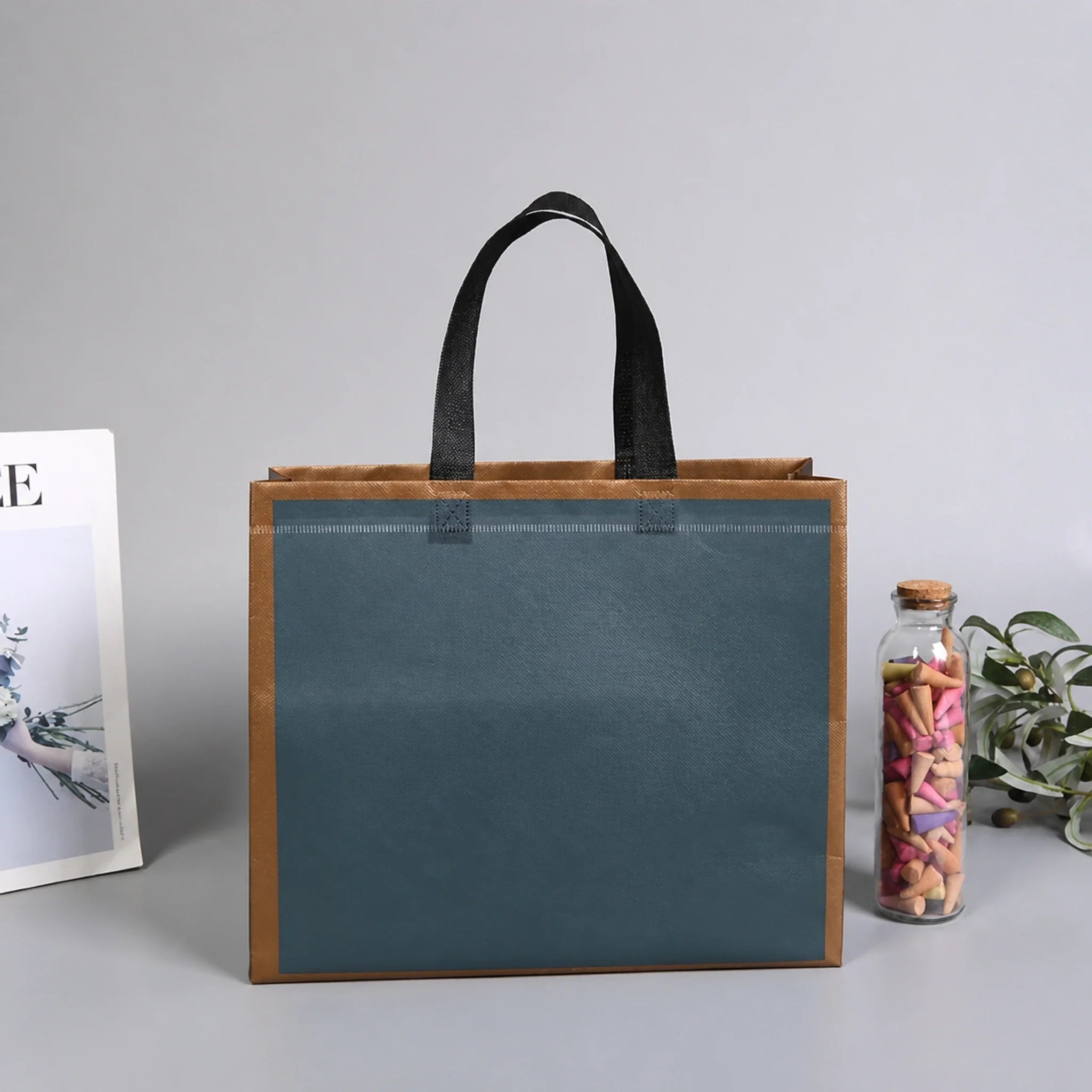 Dark Green Gold-Frame printed laminated non-woven tote bags — 30 designs