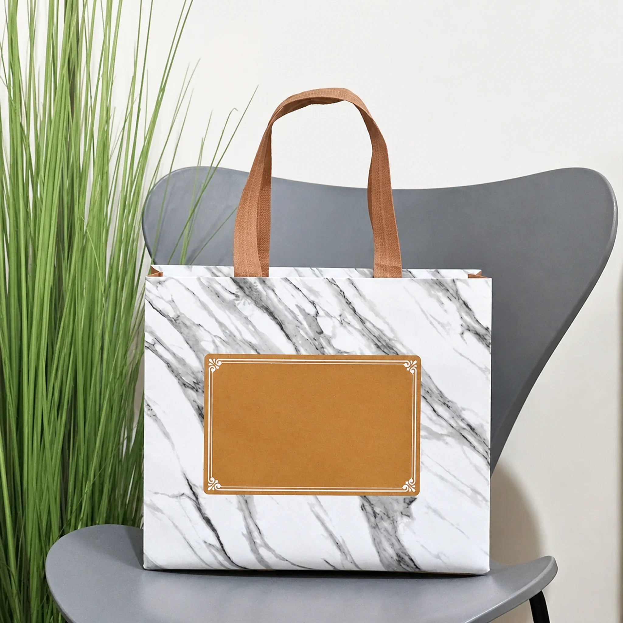 White Marble printed laminated non-woven tote bags — 30 designs