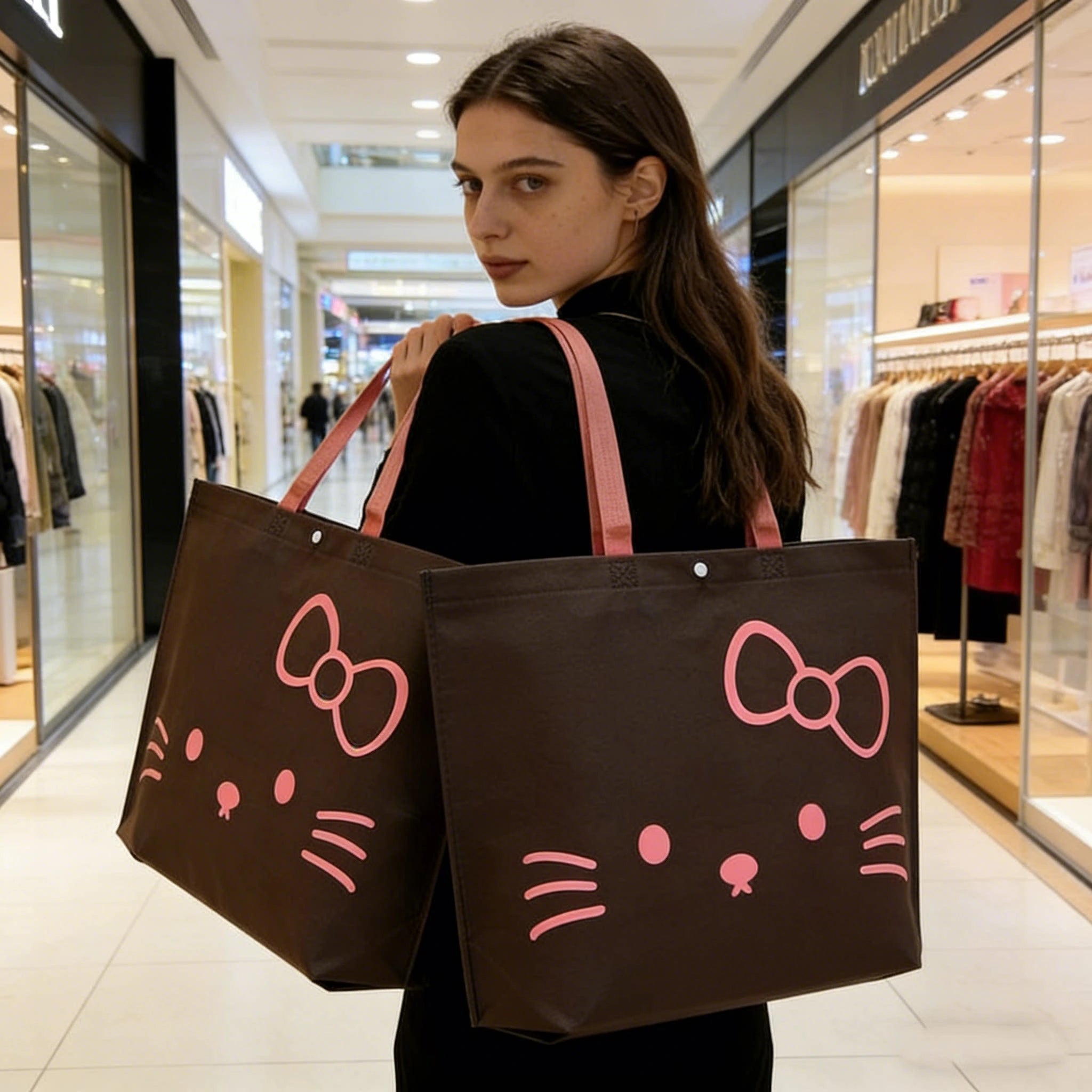 Brown Kitty Cat Print printed non-woven tote bags — 15 styles