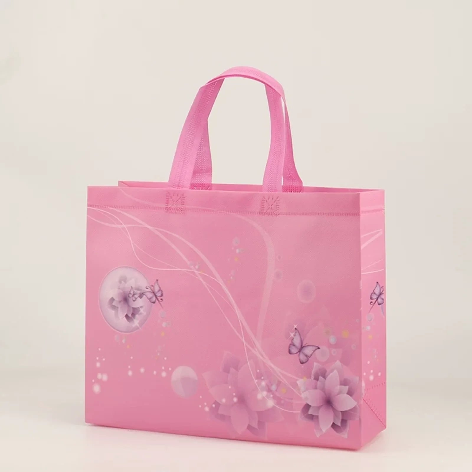 Printed Non-Woven Tote Bags — 18 Designs — Pink Floral Butterfly