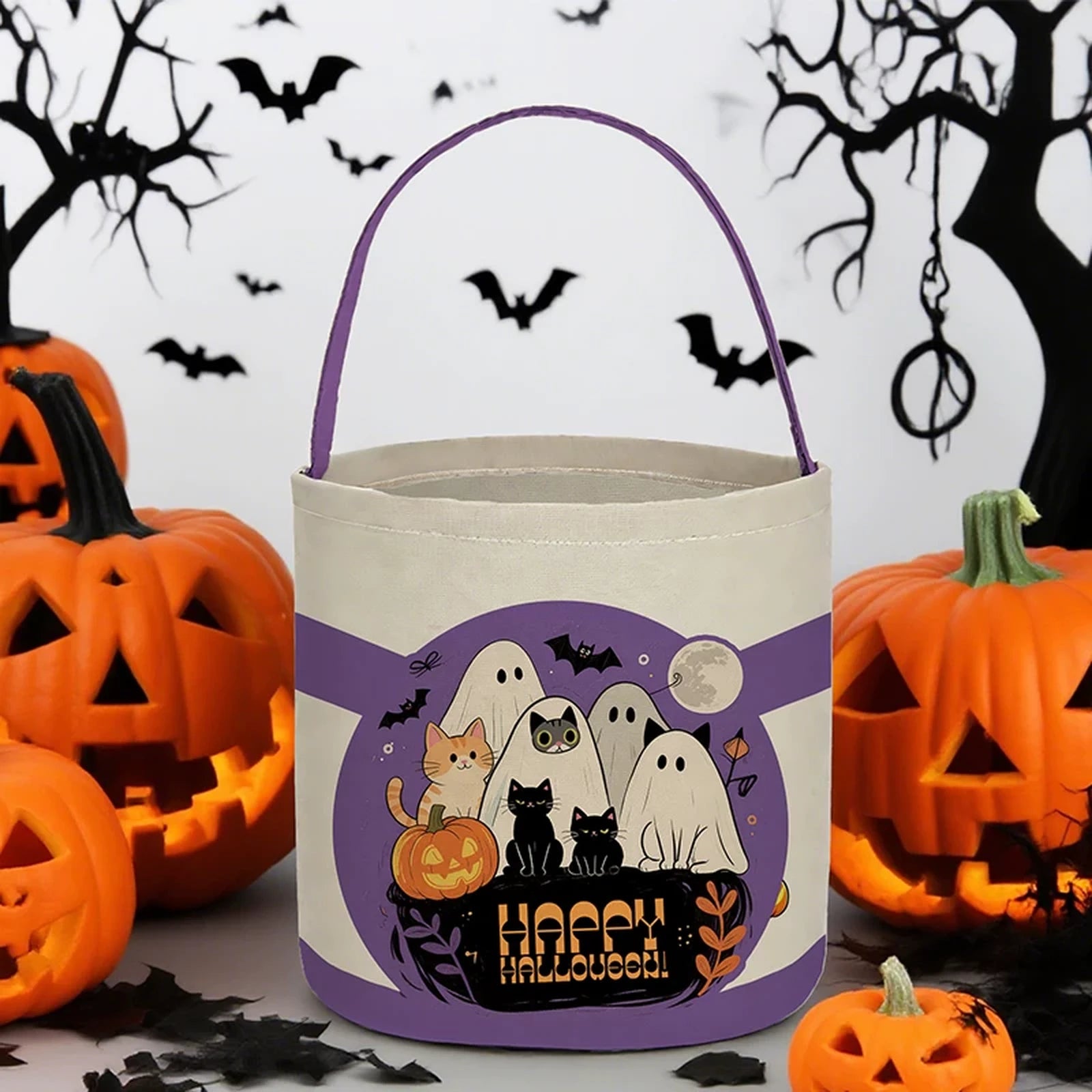 Cylindrical Canvas Halloween Treat Bags with Handles